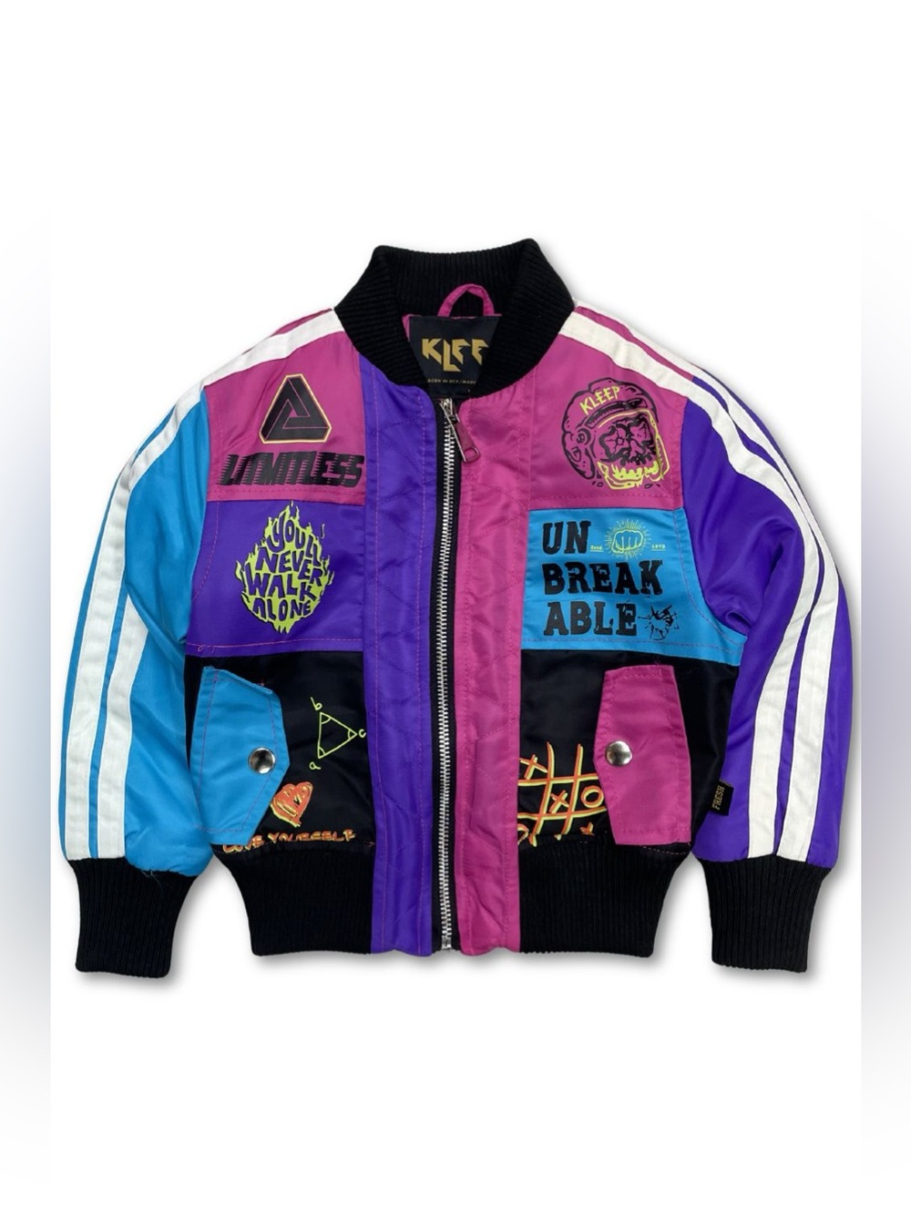 NWT Kleep Loff Padded Varsity Bomber Jacket Youth Sz 11-12 Empower Vibrant Urban